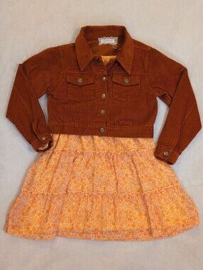 Girls Size 10 2PC Set Corduroy Jacket & Peach Floral Dress Matching Outfit